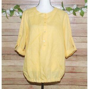 Lafayette 148 Linen Ladies 12 Sunny Yellow Top Blouse Roll Tabs Elastic Waist